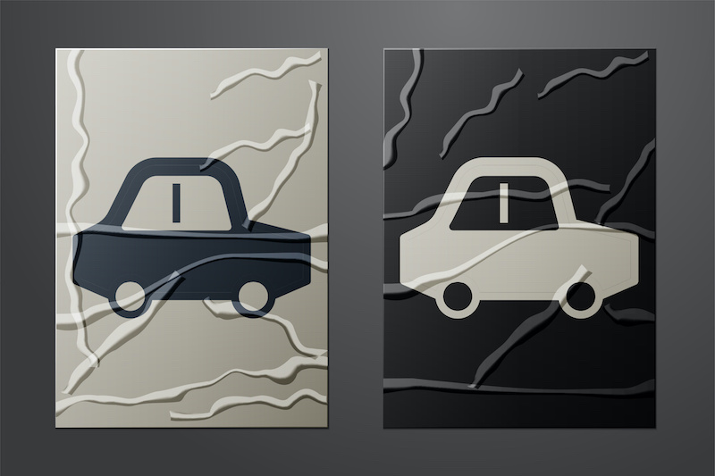 White Toy car icon isolated on crumpled paper background. Paper art style. Vector