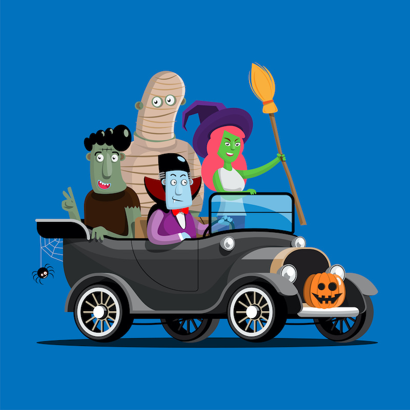 Happy Halloween monster character drive car for graphic designer use in webpage, poster, flyer such as witch, dracula, undead, mummy, pumpkin. Vector illustration flat style