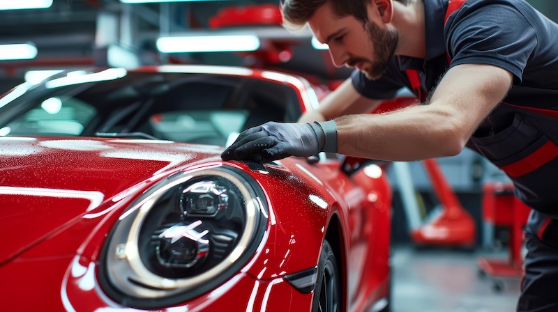 closeup of auto body mechanic carefully buffing scratch on red sports car professional vehicle repair service