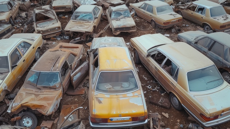 Junkyard of passenger cars from the air. Old rusty cars at an automobile junkyard.