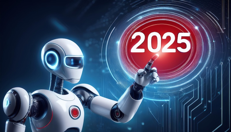 A humanoid robot with a white and grey body is pressing a red button with 2025 written on it, symbolizing technology advancement, futuristic innovation, digital transformation, future predictions and artificial intelligence.