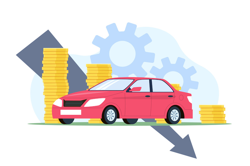 Concept of depreciation, lowering value of car. Buying and selling automobile. Chart with arrow. Finance and insurance. Falling market. Auto price. Cartoon flat isolated vector illustration