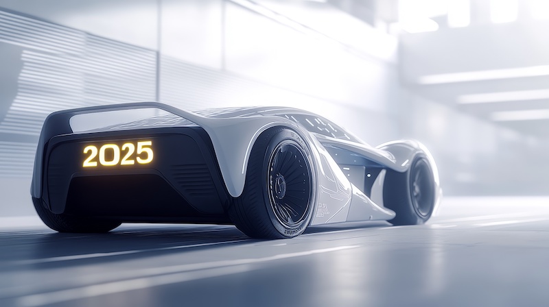 A futuristic sports car design featuring a sleek white body and illuminated "2025" on the rear, set in a modern environment.