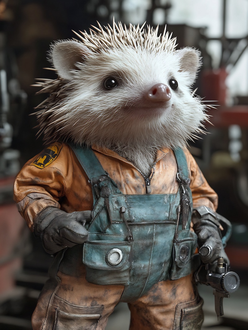 Male hedgehog in a mechanic�s jumpsuit on a garage background.