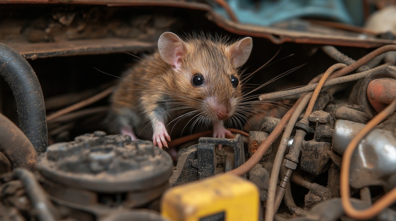 A close-up image of a small brown mouse hiding inside a dusty engine compartment.