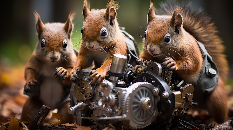 a photo realistic photo award winning NIKIN D850 bokeh of squirrels dressed as mechanics, working on a truck at a residential street. truck's hood is open and the engine is missing parts. squirrels are wearing mechanics overall and hold tools --chaos 20 --ar 16:9 --stylize 600 --v 5.2 Job ID: 66d6b53e-1fce-4f41-a9ec-a9dbc432af95