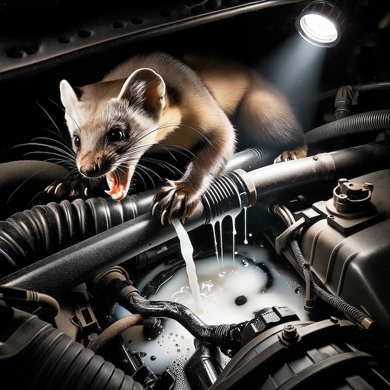 Stone marten damaging cables in the engine compartment of a car. Cables bitten. Marten gnaws at the cables. Generative AI