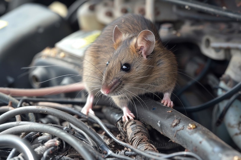 Rodent infestation in vehicle causing electrical damage. Innovative car design, rodent damage, chewed wires, pest extermination, vehicle care