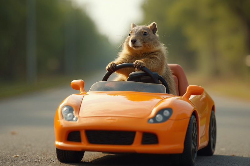 red squirrel in minicar