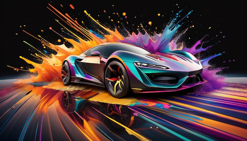 Colorful Sports Car with Paint Splash Effect