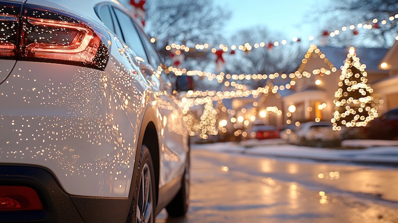 Festive winter evening with car parked on snow-covered street adorned with holiday lights