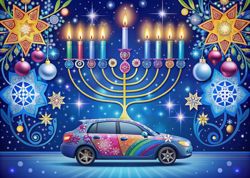 Vibrant Hanukkah-themed car illustration with swirly menorah, colorful lights, and Stars of David, surrounded by elegant ornaments, offering ample space for personalized holiday messages.