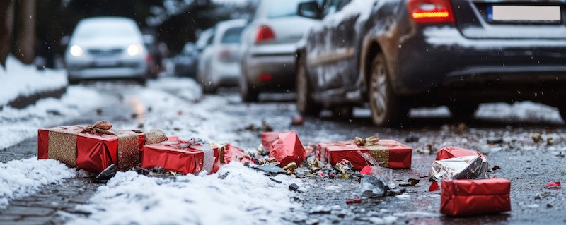 Chaos on Christmas Street: Scattered Gifts, Damaged Car, Snowy Accident