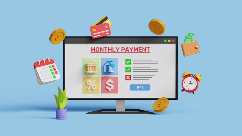 Subscription payment, loan, mortgage, tax, saving and expenses concept. Monthly payments via computer on blue background. 3d illustration