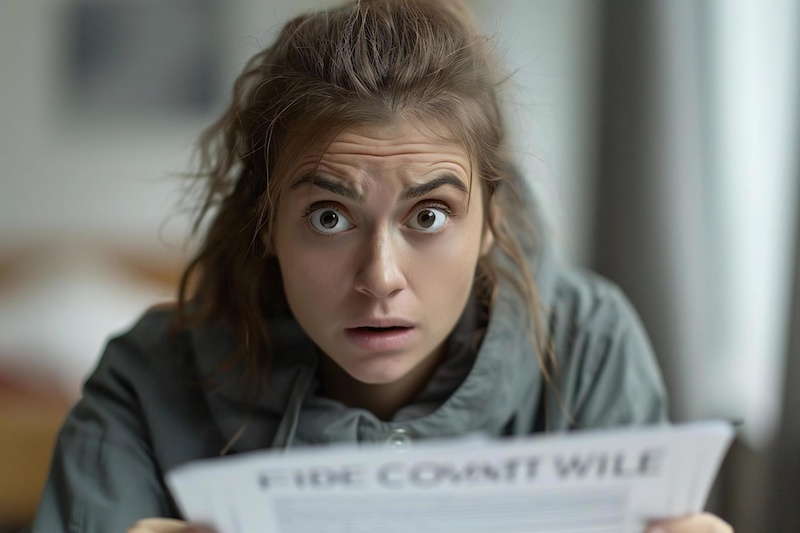 person looking shocked and upset while reading through a contract full of hidden fees. The focus is on the person's expression of realization and frustration.