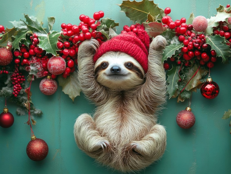 Sloth wearing a red hat, festive holiday decorations.