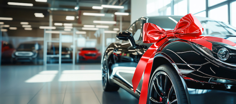 New black luxury car with big red bow at modern car showroom banner. Electric car sale, special offer. Copy space. Exhibition, Gift or winning a car, promotional showcase. Gift car with red ribbon