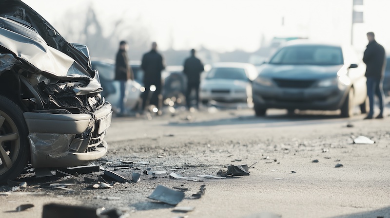 The aftermath of a car accident on a busy road intersection with pedestrians nearby. The image shows the damaged vehicles and debris on the road.