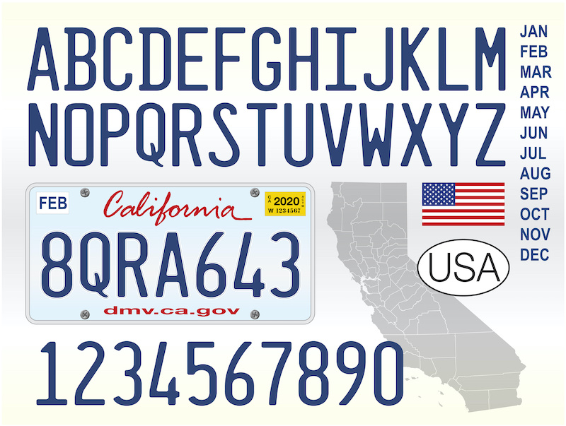 California state car license plate, letters, numbers and symbols, vector illustration, United States of America