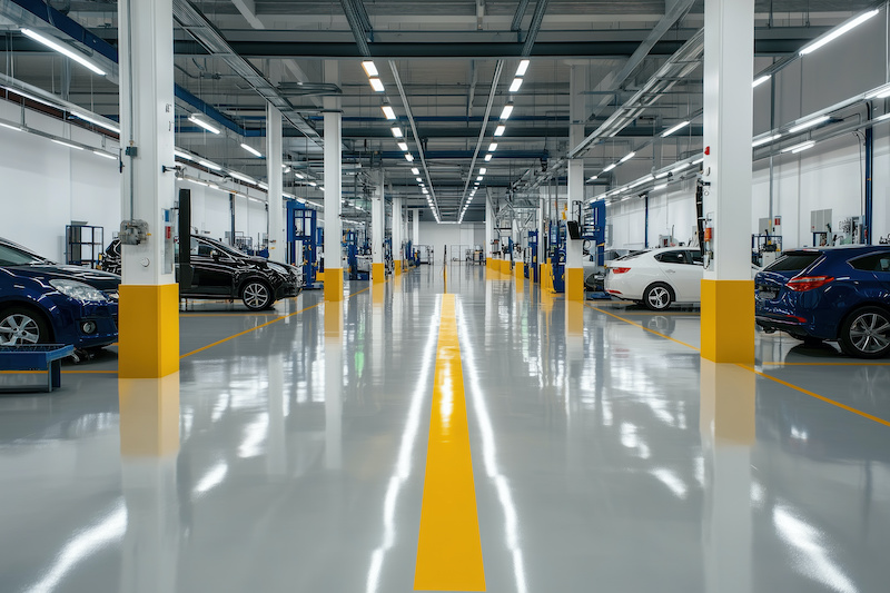 A spacious and well-lit car service station featuring polished epoxy floors, neatly parked cars, and modern equipment