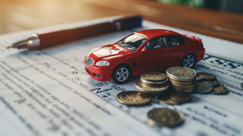 A red model car, a pen, and stacks of coin place on insurance statement paper.