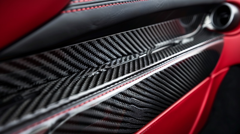 Closeup of a Red Interior with Carbon Fiber Trim