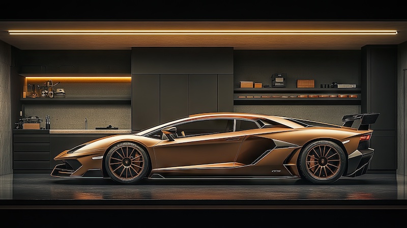 A golden sports car gleaming under soft lighting in a modern garage, featuring a gray epoxy floor, black cabinets, and minimalistic white ceiling design.