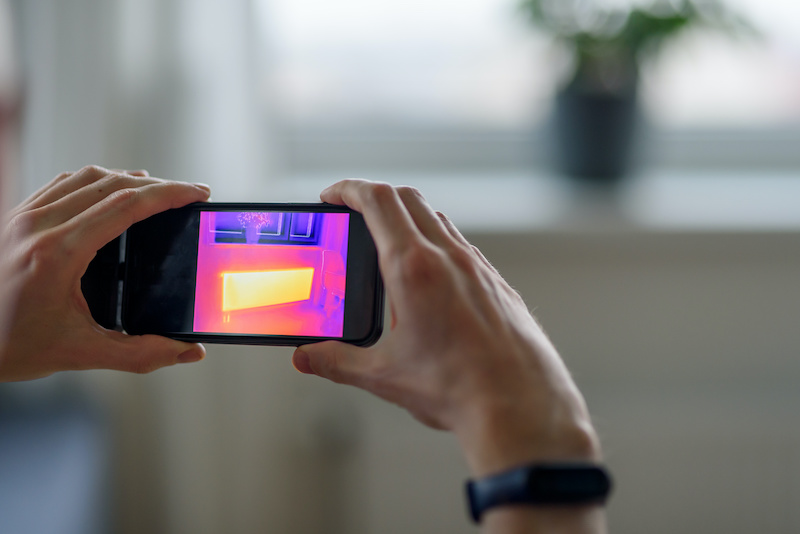 Person doing thermal scanning or imaging of apartment with smartphone app. Thermographic Inspection to check effectiveness of insulation