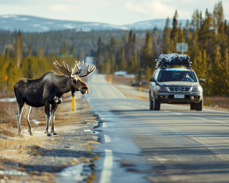 Wildlife Moose almost causing a car collision on the open road