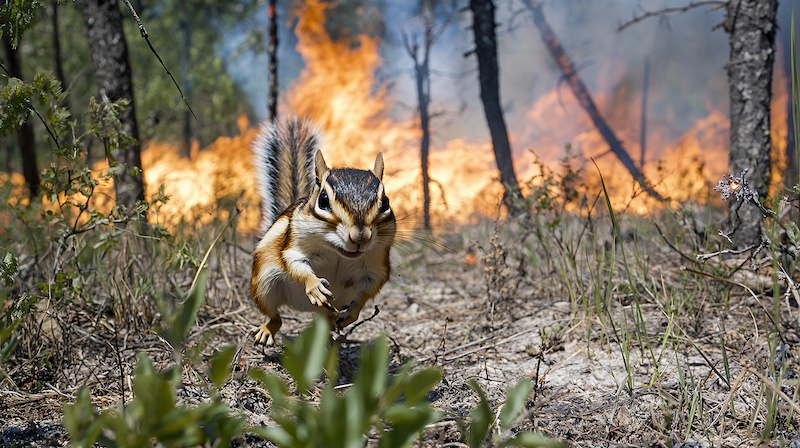 A chipmunk races away from a raging forest fire, its survival instinct propelling it through the dangerous terrain.