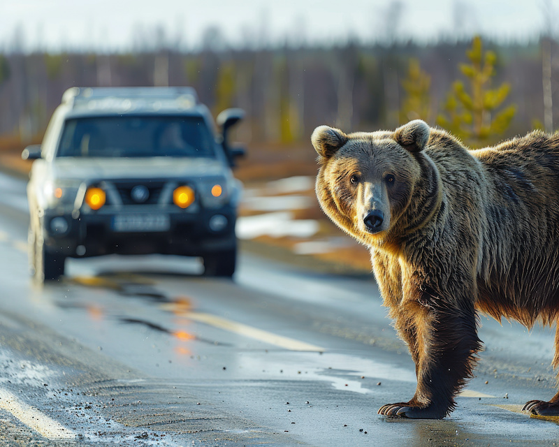 Wildlife Brown Bear almost causing a car collision on the open road