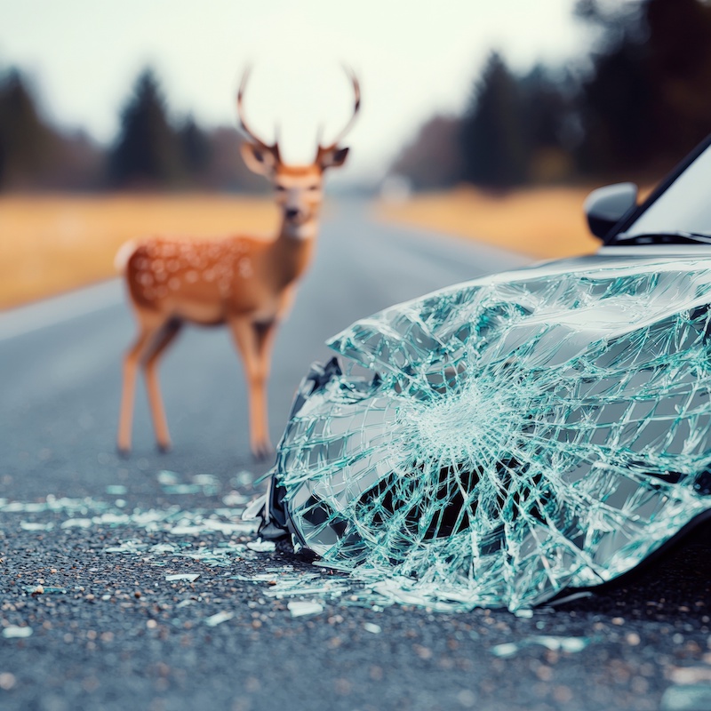 A photograph of Poster Design for Shattered car windshield, crushed hood detail, deer in rural background, collision aftermath, ultra-detailed, cinematic lighting, HDR effects, soft shadows, glowing accents, intricate textures, HDR, ray tracing, --no (watermark,logo,text,overexposure,underexposure,harsh shadows,artifacts,blurriness,noise,distortion,clutter) --chaos 100 --ar 1:1 --quality 2 --style raw --personalize 773tzfv --stylize 1000 --v 6.1 Job ID: 479b3080-f164-4f30-a045-375ae1af4c3a