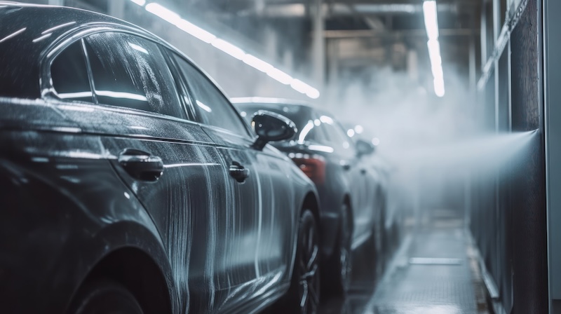 Cars undergoing automated car wash process with soapy water.