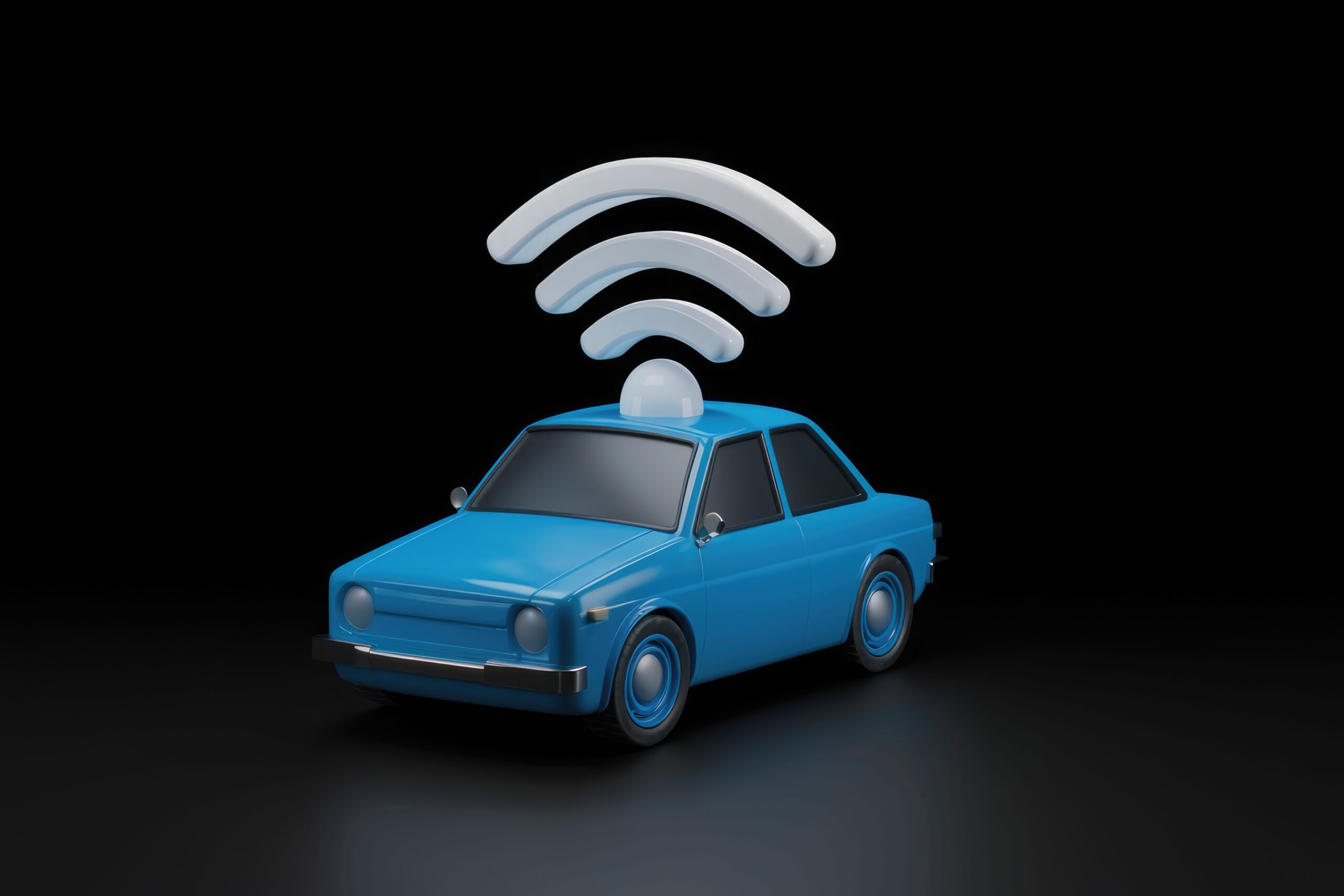 A blue car with a wifi symbol on top, representing connected car technology.