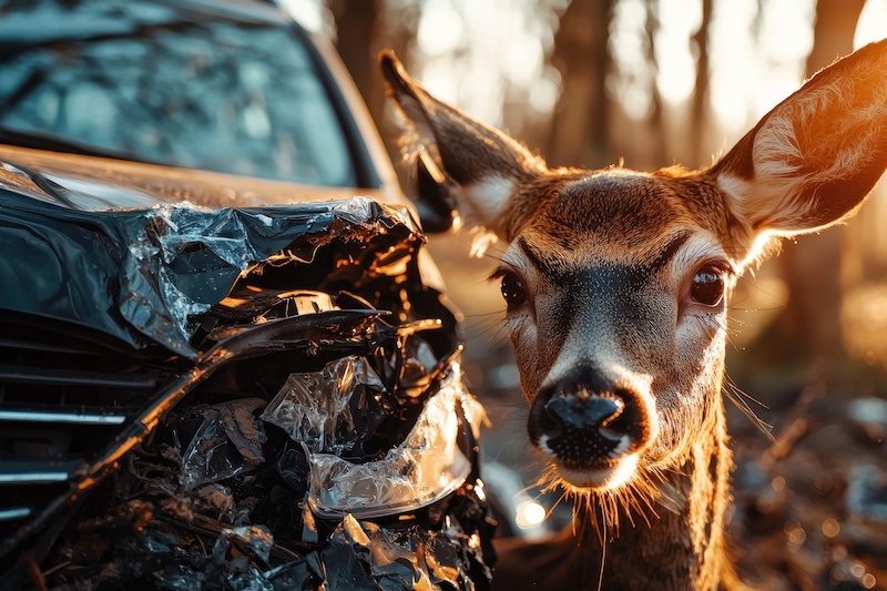 Car accident in a rural area involving a deer, with visible damage to the front of the car and a large blank space for wildlife awareness campaigns or vehicle repair service advertisements --ar 3:2 --quality 2 --style raw --personalize iavprvy --v 6.1 Job ID: b93b0ea5-90ef-4477-819f-a498690318d2