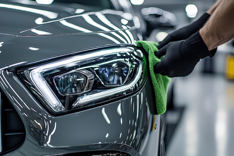 Car detailing and polishing series : Worker in black gloves with microfiber cloth