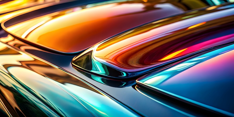 Chromatic Car Hood: Iridescent paint reflects vibrant colors on a classic car hood, showcasing the artistry and detail of automotive design.