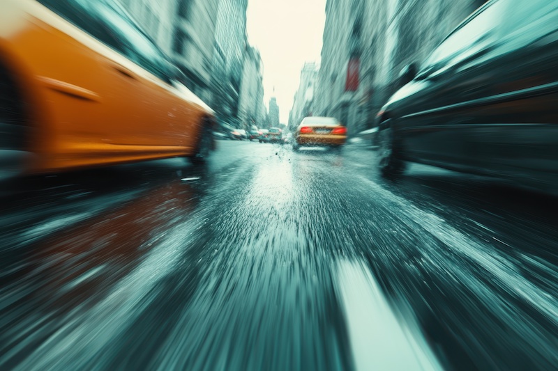 Dramatic moments of a rainy city street with cars speeding by and reflections shimmering on the wet pavement