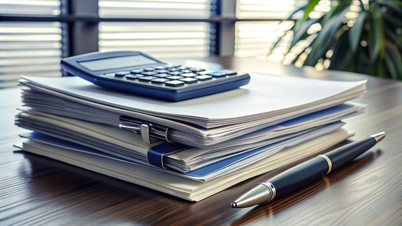 Close-up of a neatly organized desk with a stack of insurance policy documents, a pen, and a calculator, conveying a sense of professionalism and security.