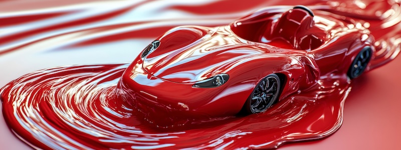 Sleek red sports car in a pool of matching red liquid