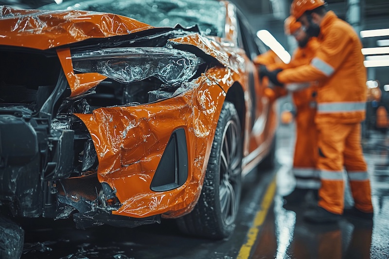 A damaged orange vehicle is being worked on by technicians in safety attire, focusing on repairs in an auto body shop. Generative AI