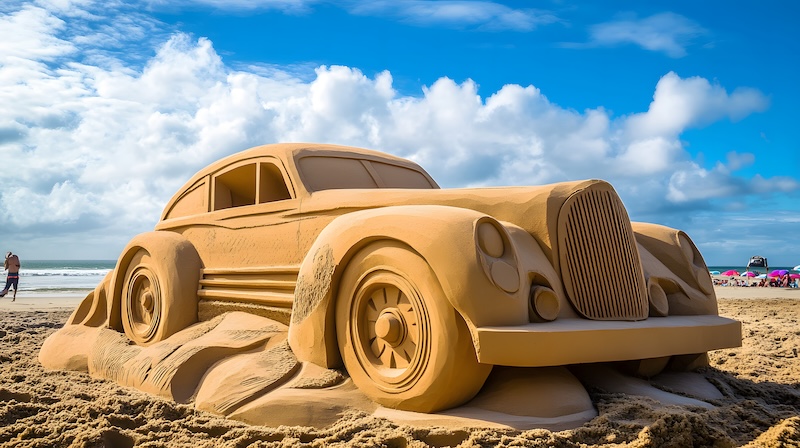 a sand sculpture of a car in the desert