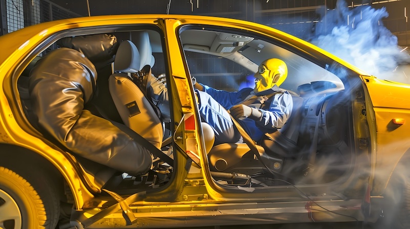 Vehicle safety demonstration with crash test dummy in car, airbag deployment, and visible seatbelt. Professional crash test facility showcasing automotive safety features and collision protection tech