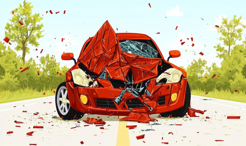 Accident on road. Car damaged vehicle. Illustration of crash vehicle, damage auto. Insurance case. broken cartoon auto , isolated on white background, , copy space, copy space for text,