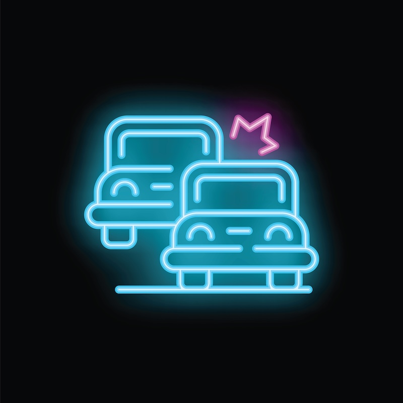Road accident, rear end collision on city street with car characters, side view cartoon vector illustration. Two cartoon car characters with human faces have road accident, collision on city street