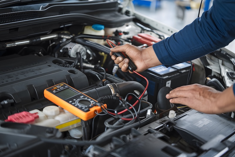 Professional Auto Mechanic Inspecting Car Engine Bay Detailed View of Vehicle Maintenance Repair Diagnostics Testing Electrical System Components Under Hood Close Up Expert Technician Working on