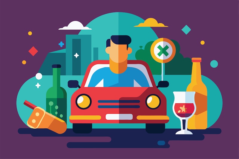 A driver sits in a red car surrounded by empty bottles and glasses, illustrating the dangers of driving under the influence in a city.