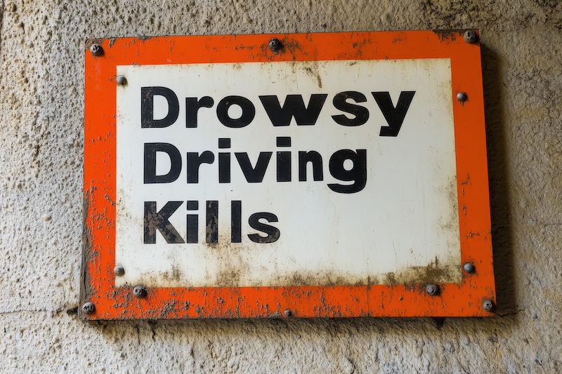 This image features a weathered sign that warns about the dangers of drowsy driving. It emphasizes the importance of road safety and awareness.
