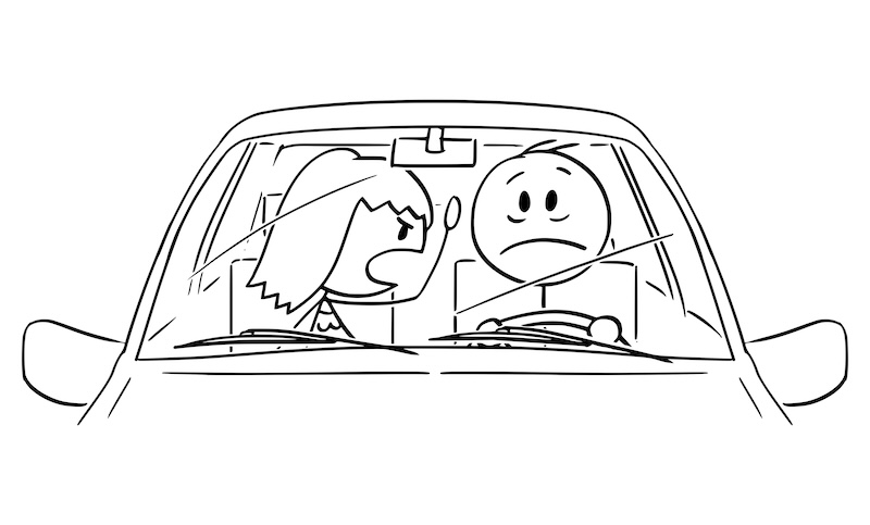 Vector cartoon stick figure drawing of tired, unhappy,sad or stressed man or driver driving a car, while his wife or woman of passenger seat is shouting at him.