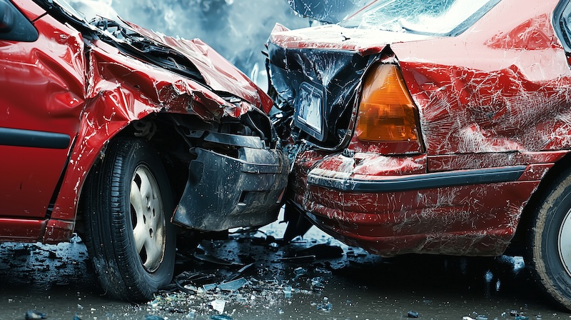 Two Cars in Pile-Up with Rear Bumper Pressed Into Windshield of Car Behind